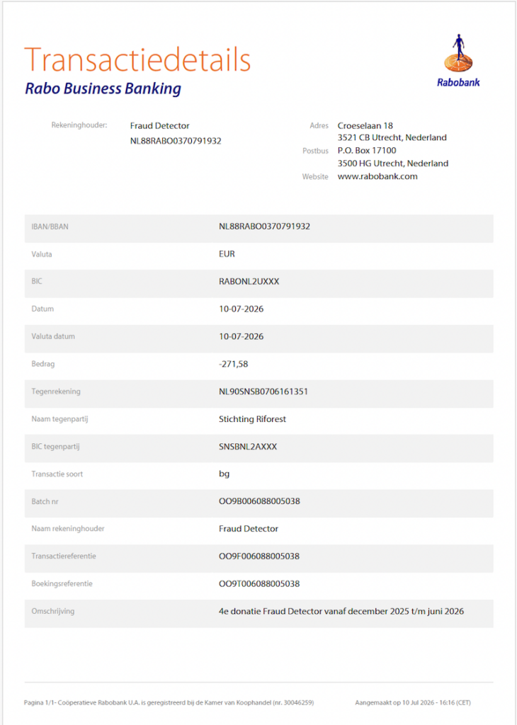 Document titled 'Transactiedetails' for Rabobank; shows sender/recipient info and a table of transaction details (IBAN, amount, date, description).